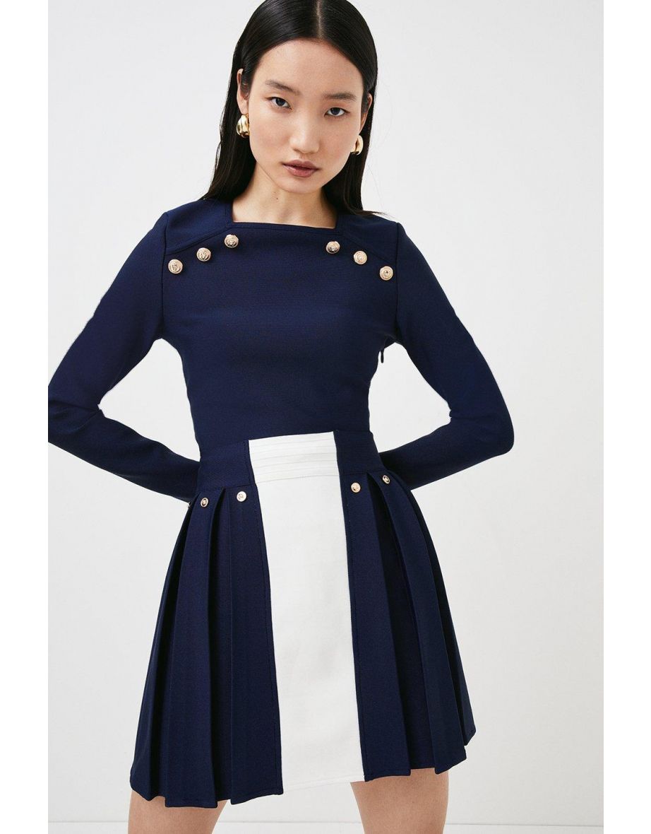 Colourblock Pleat Military Bandage Knit Skirt