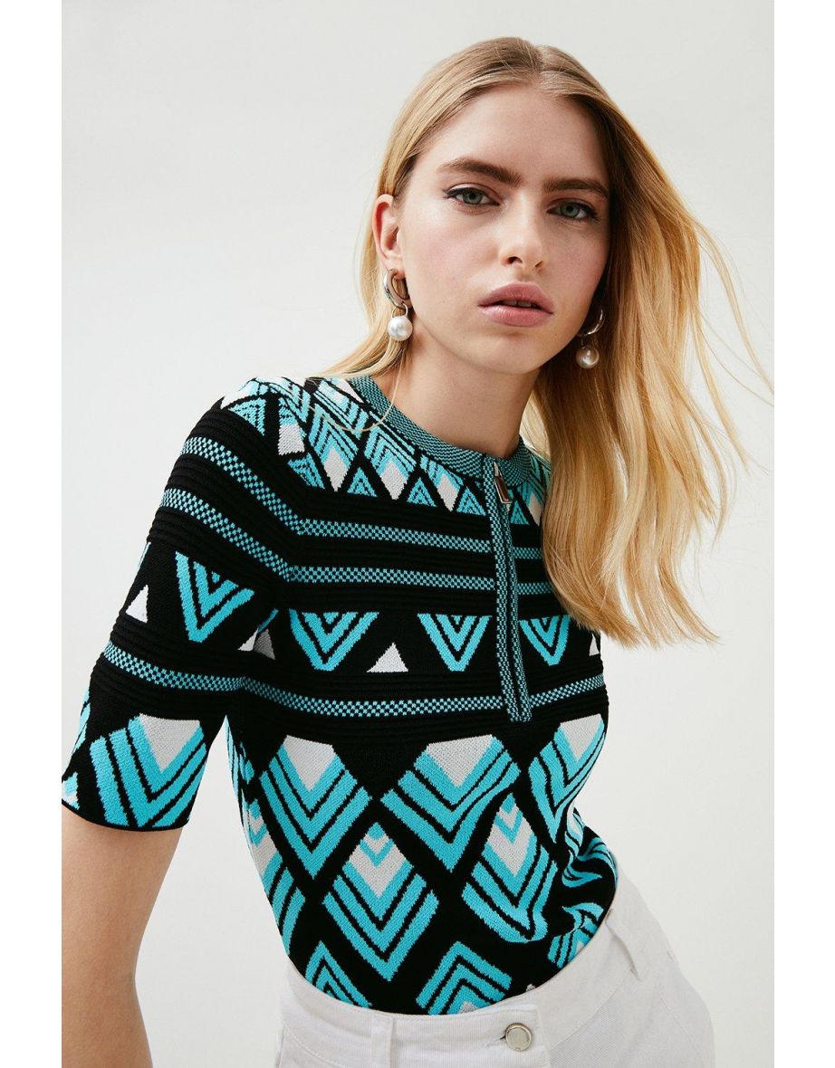Geo Jacquard Knit Zip Detail Top