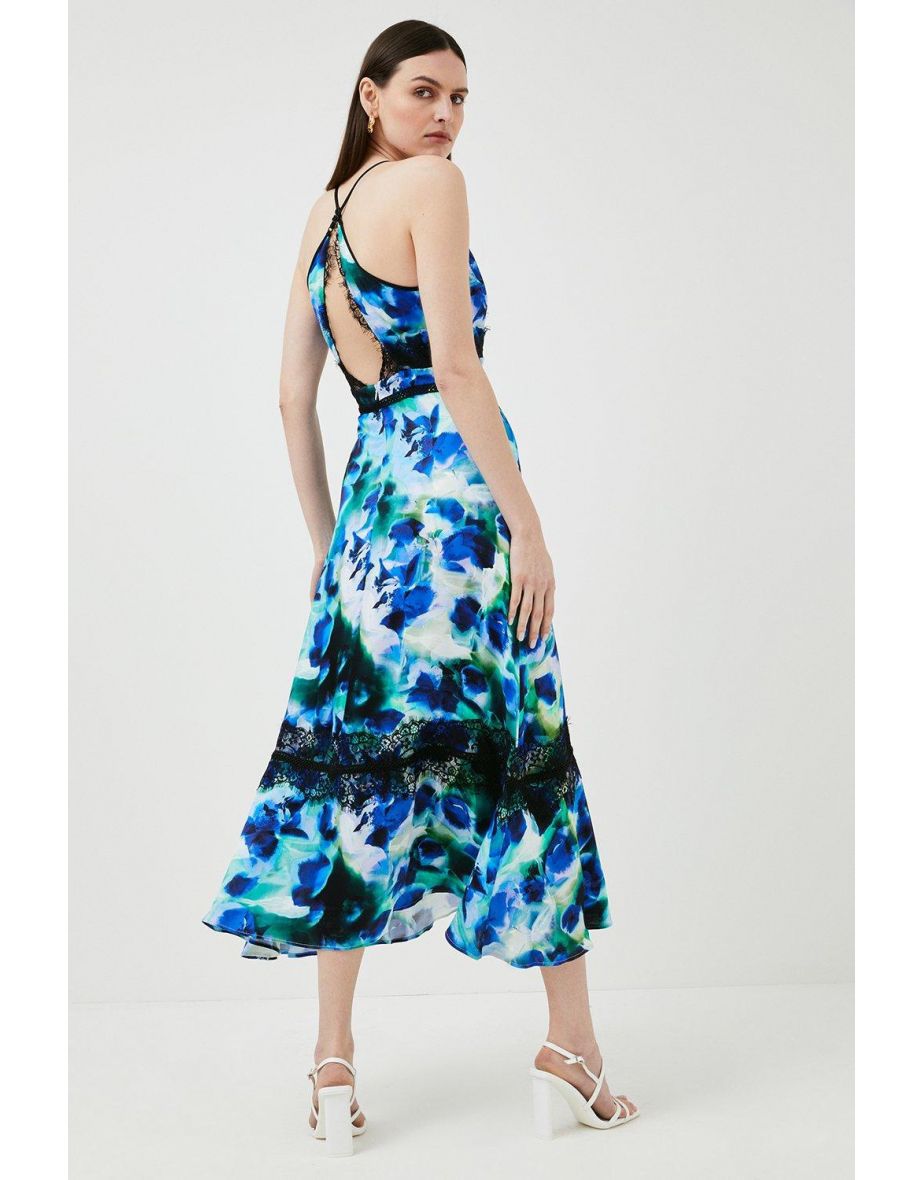 Floral Print Lace Trim Woven Slip Dress - 2