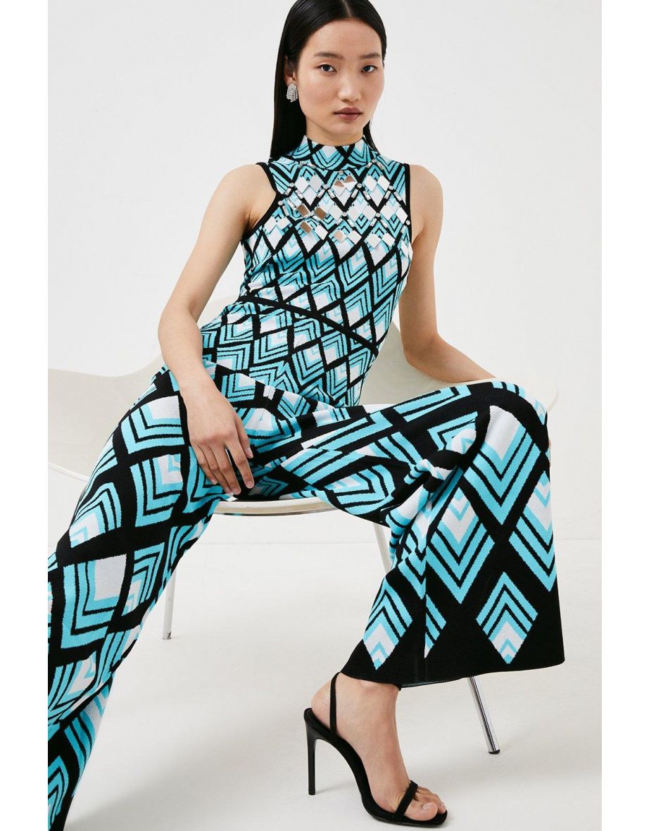 Embellished Diamond Geo Knitted Jumpsuit