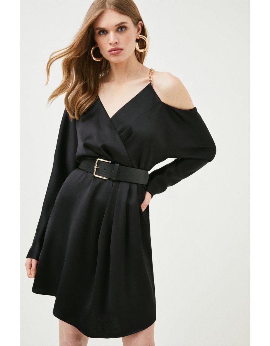 Satin Crepe Chain Trim Draped Dress