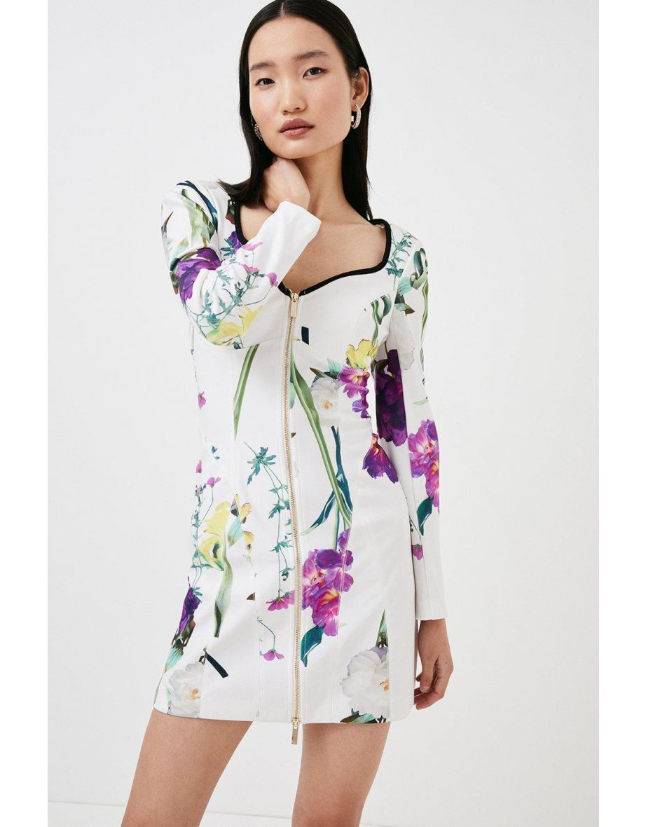 Floral Figure Form Zip Front Woven Dress