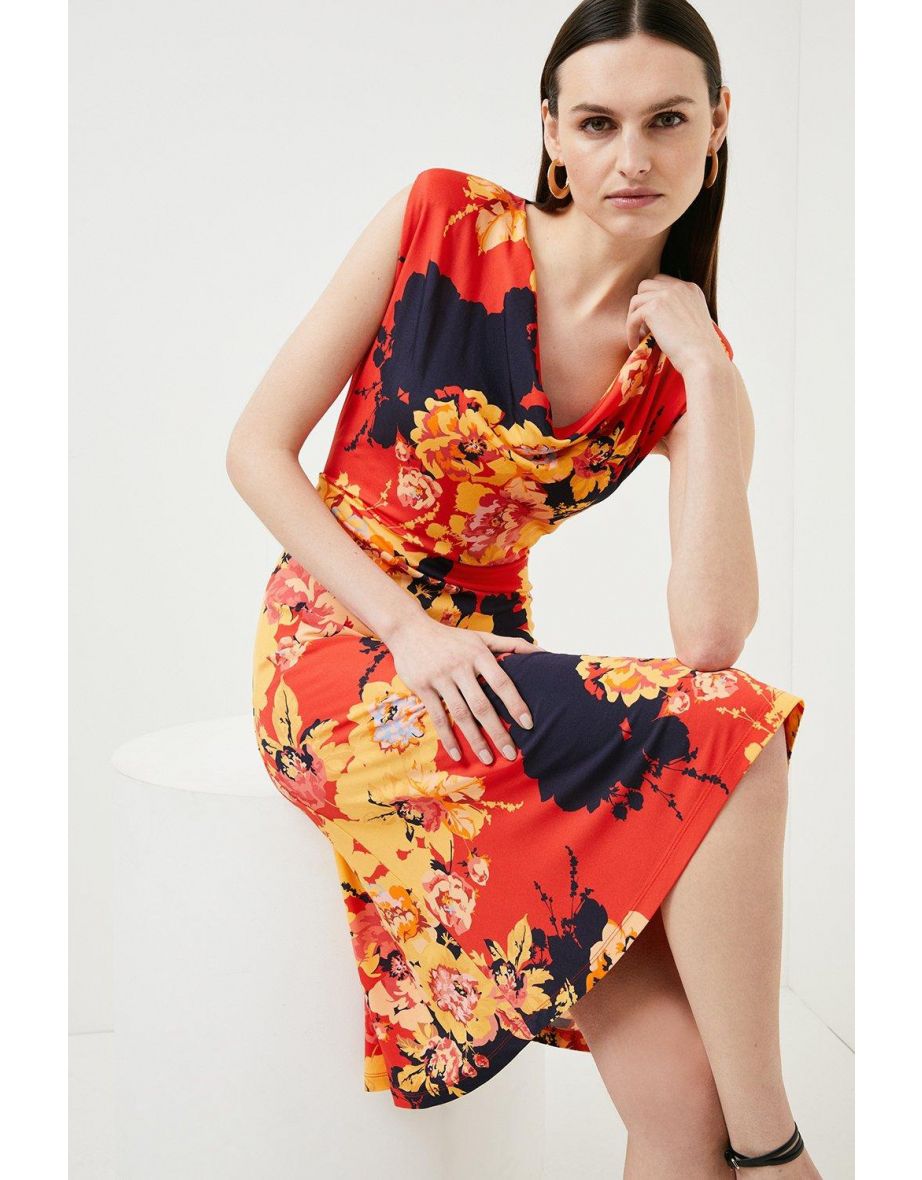 Floral Print Cowl Neck Jersey Crepe Dress