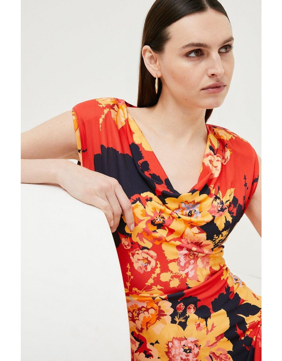 Floral Print Cowl Neck Jersey Crepe Dress - 2