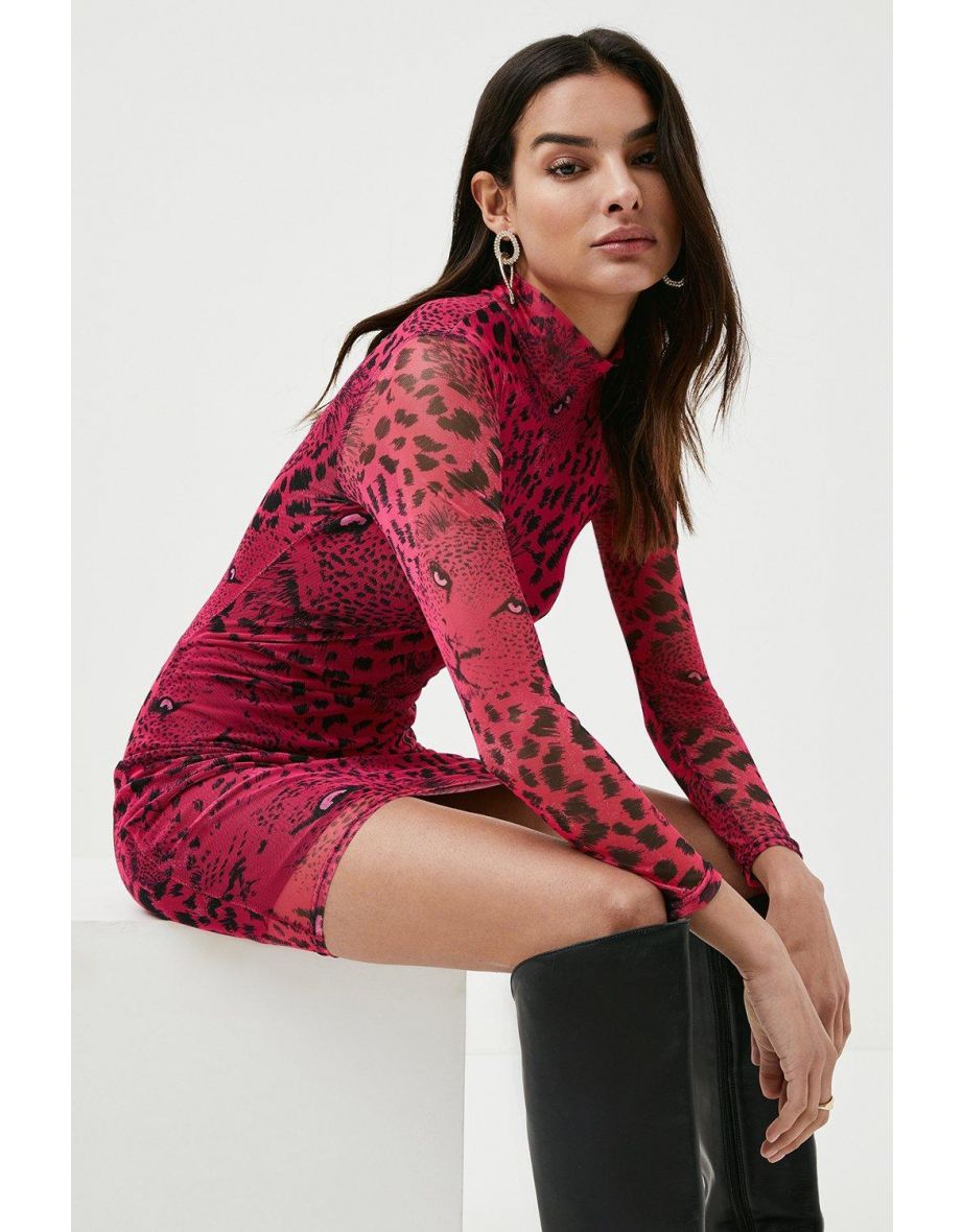 Petite Tiger Mesh Print Rouched Jersey Dress