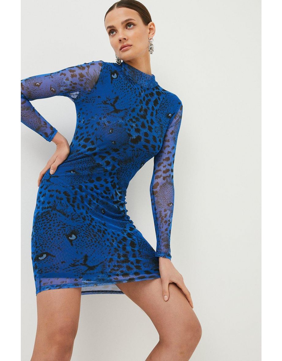 Tiger Mesh Print Rouched Jersey Dress