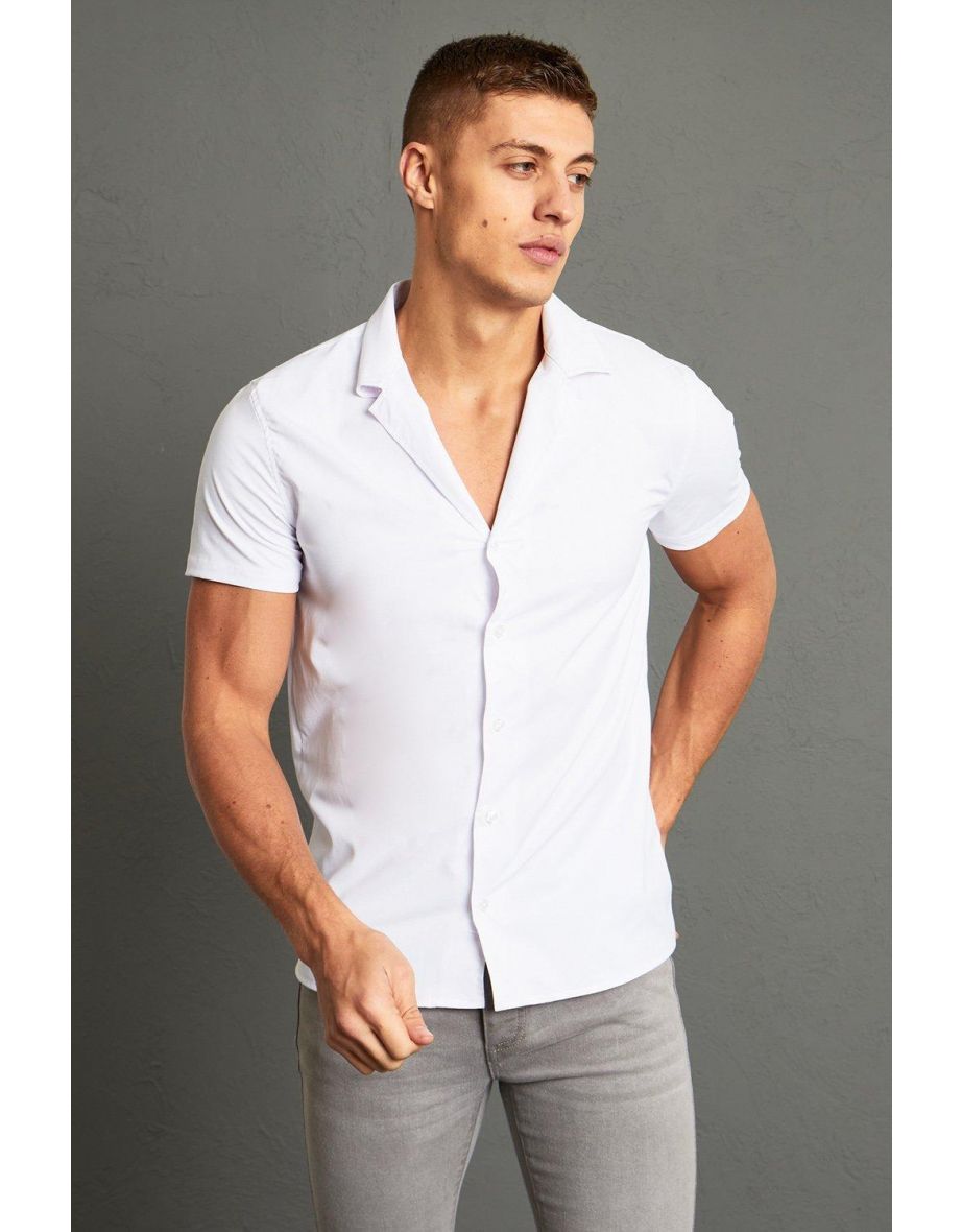 Short Sleeve Muscle  Dropped Revere Shirt - white