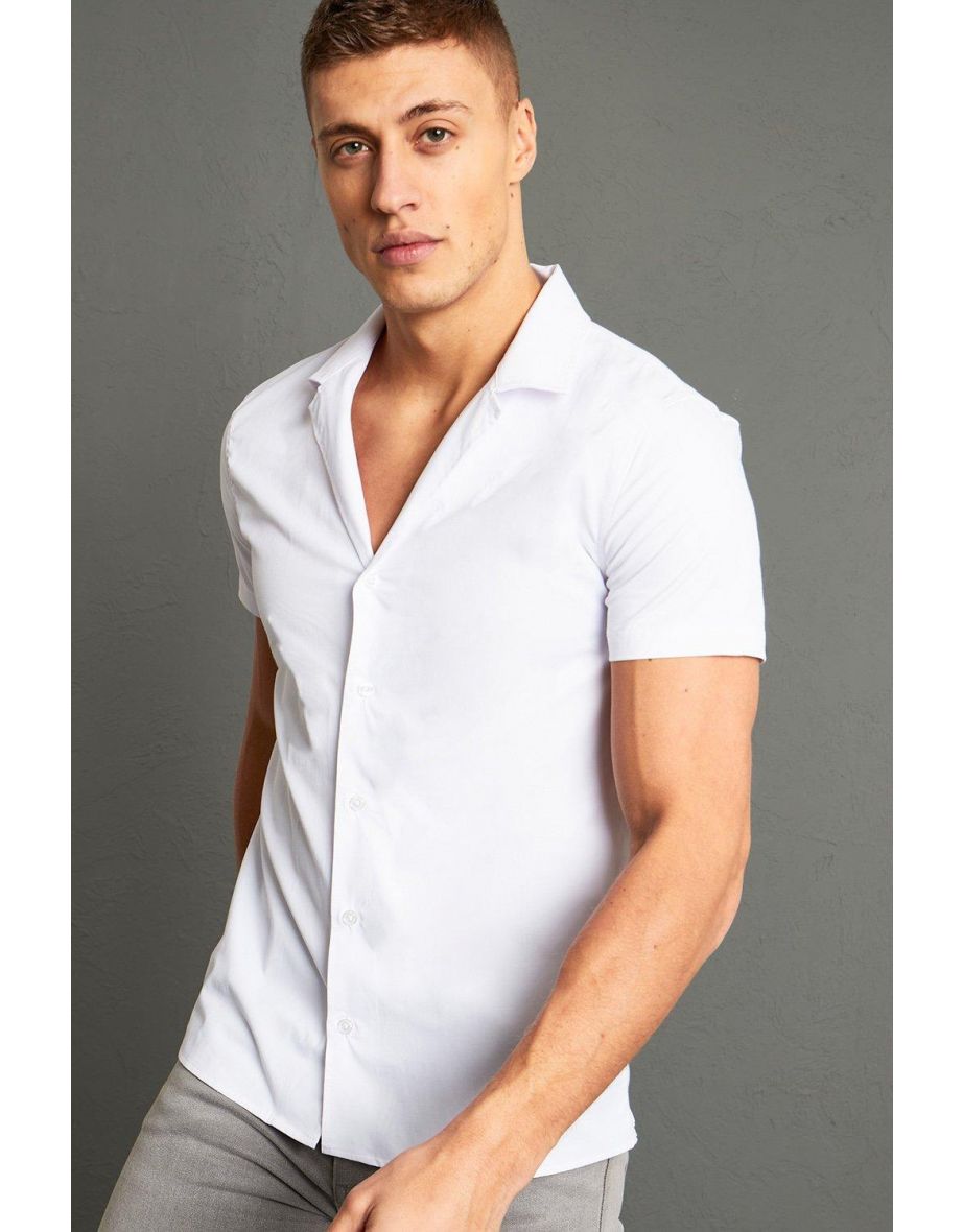 Short Sleeve Muscle  Dropped Revere Shirt - white - 2