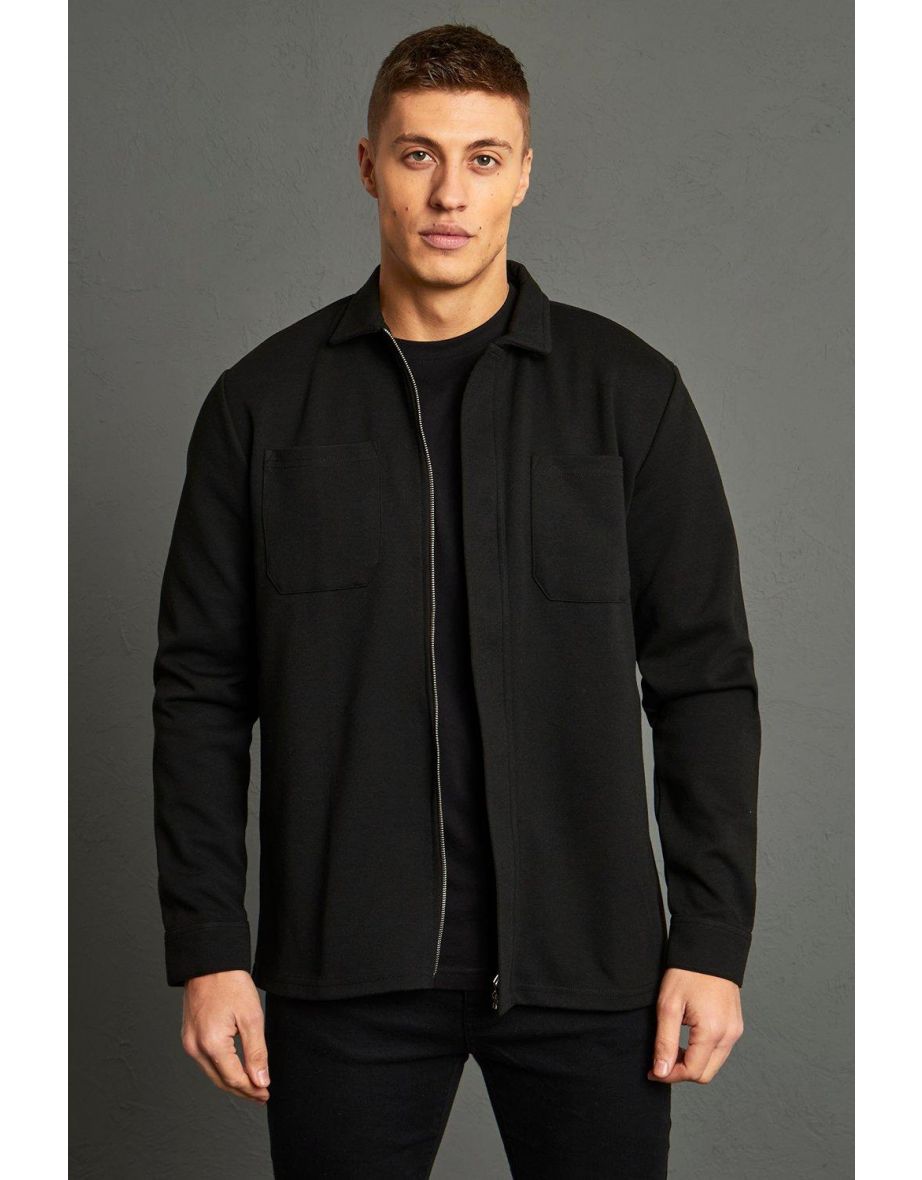 Jersey Concealed Placket Overshirt - black