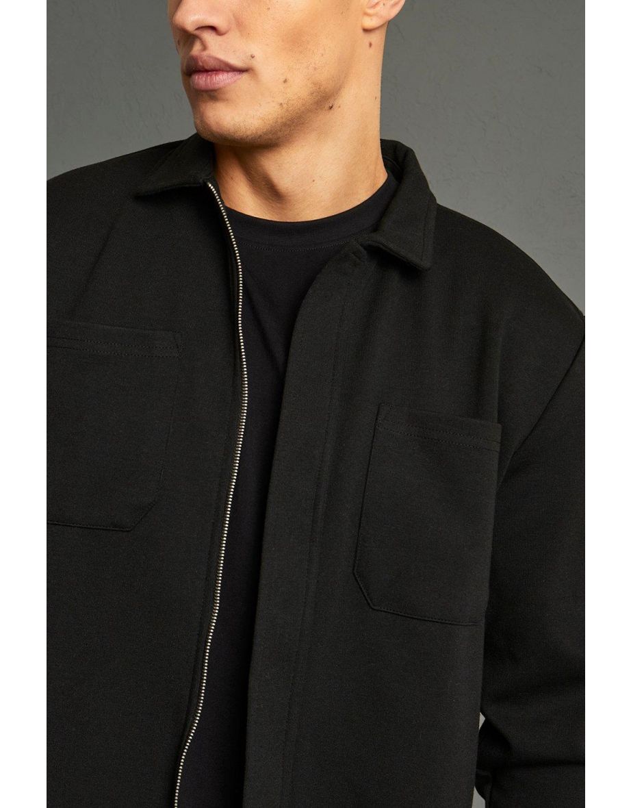 Jersey Concealed Placket Overshirt - black - 2