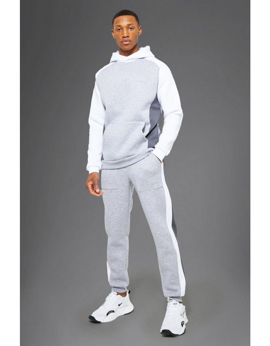Man Active Colour Block Hooded Tracksuit grey marl