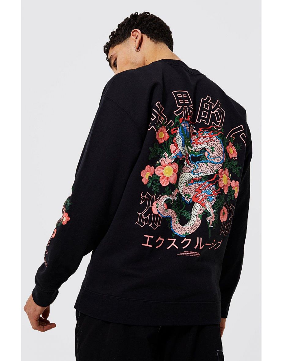 Oversized Dragon Floral Graphic Sweatshirt - black