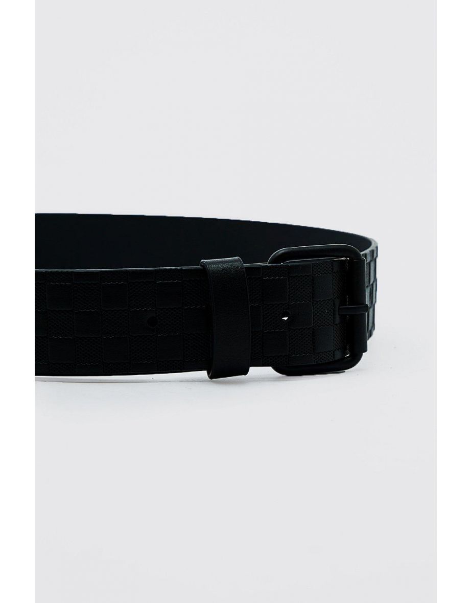 Faux Leather Embossed Checkerboard Belt - black - 2