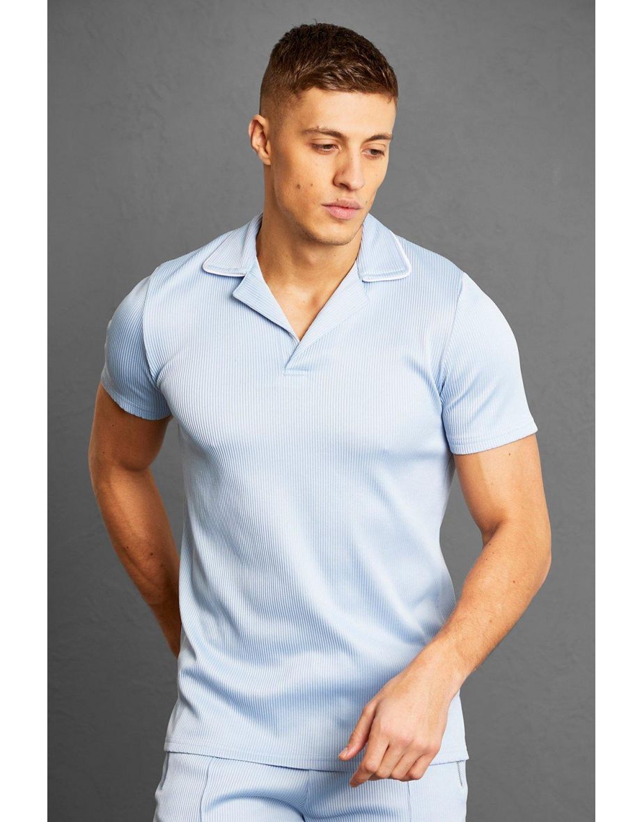 Slim Fit Pleated Revere Polo With Piping - pale blue