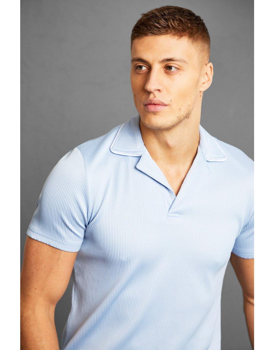 Slim Fit Pleated Revere Polo With Piping - pale blue - 2