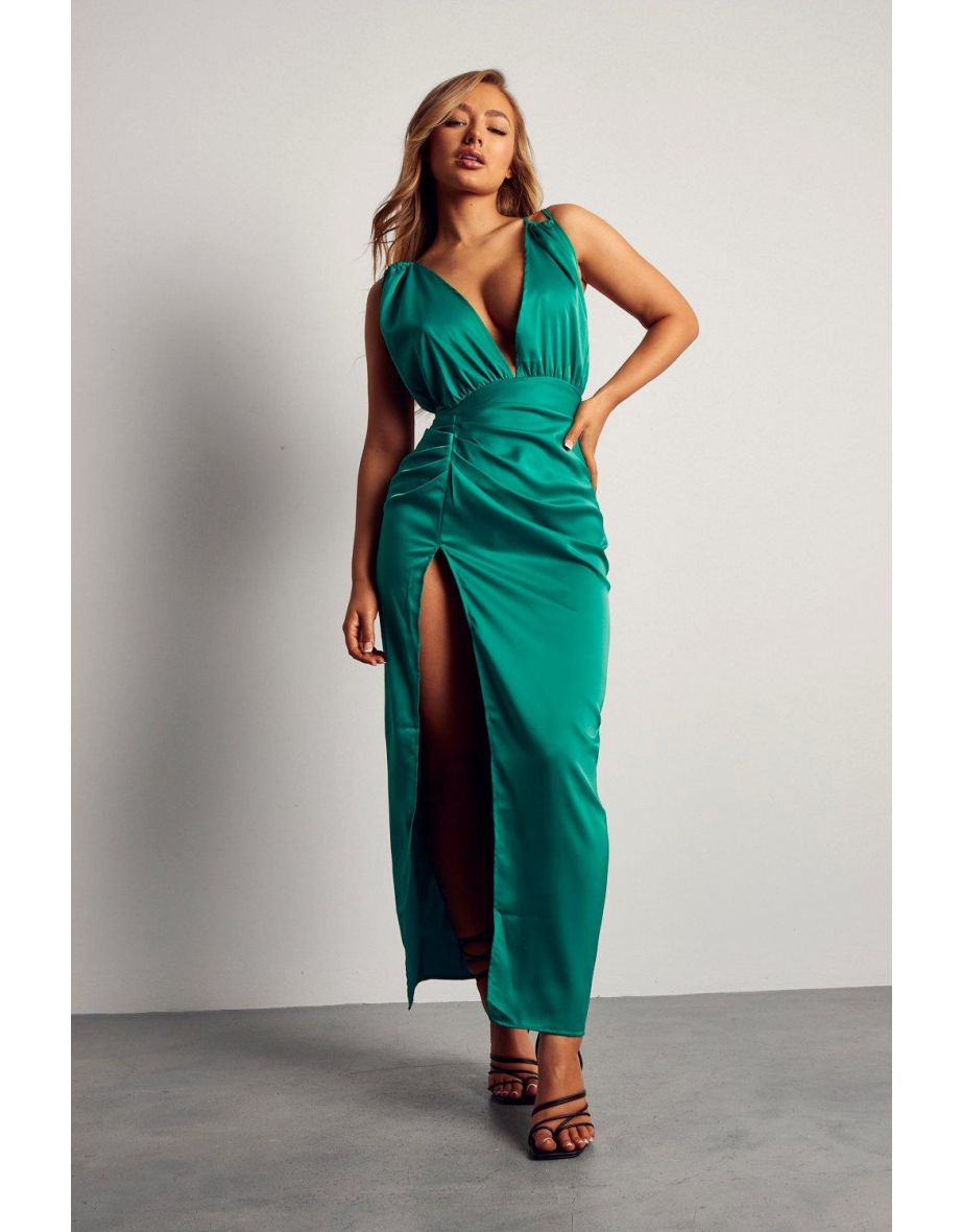 Premium Satin Ruched Strappy Maxi Dress