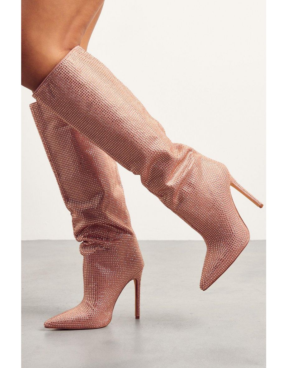 Premium Diamante Heeled Knee High Boots - 2