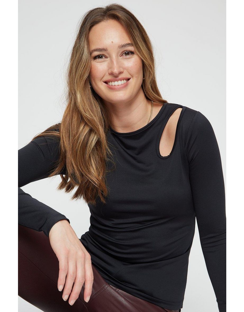 Ay Black Rib Cut Out Long Sleeve Top