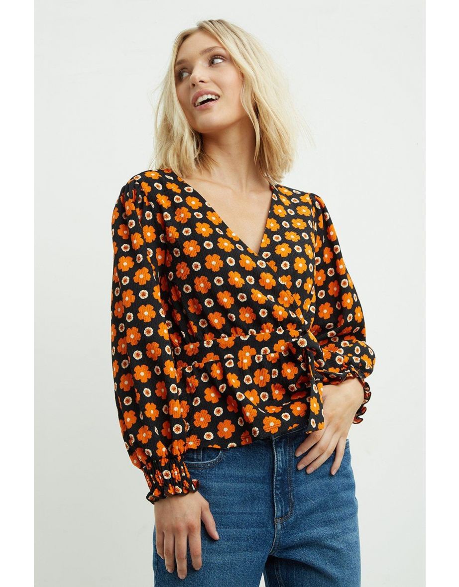 Petite Floral Geo Print Shirred Cuff Wrap Top