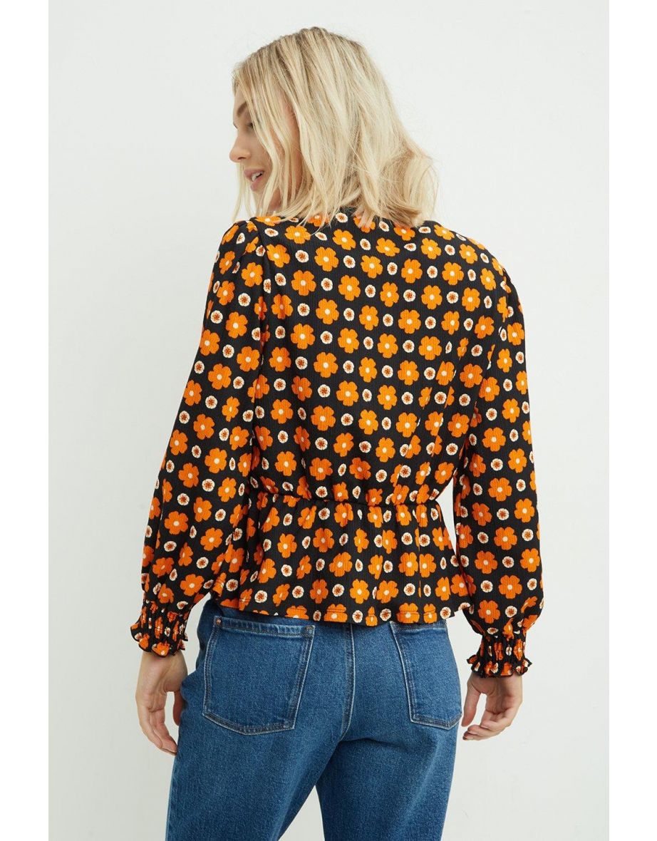 Petite Floral Geo Print Shirred Cuff Wrap Top - 2