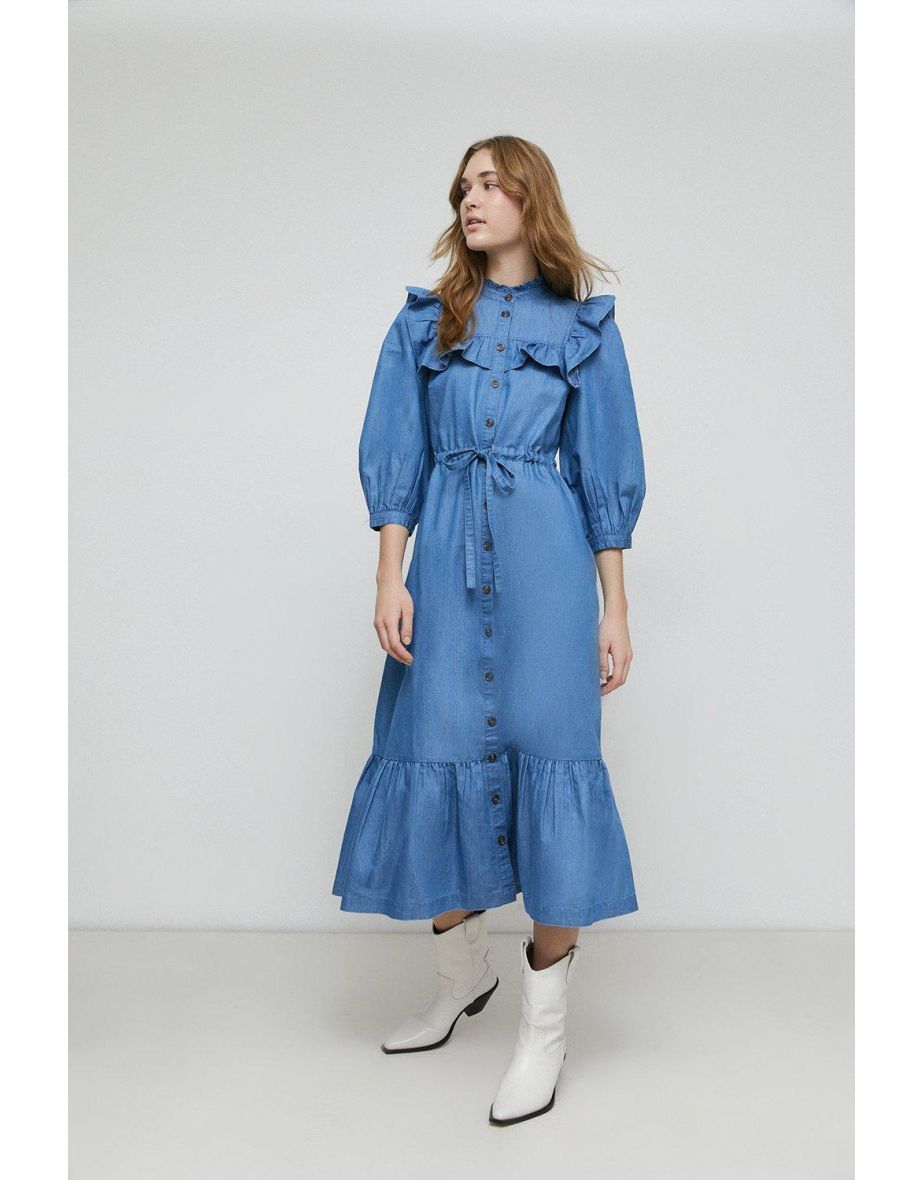 Petite Denim Frill Yoke Midi Dress