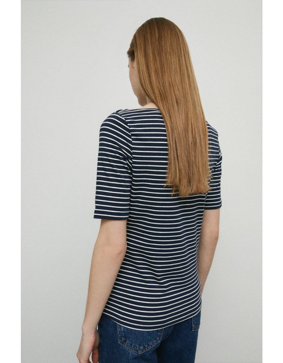 Stripe Slash Neck Short Sleeve Top - 2