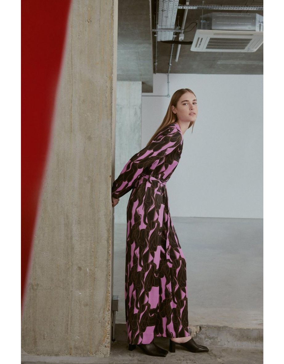 Premium Satin Abstract Swirl Print Wide Leg Relaxed Jumpsuit
