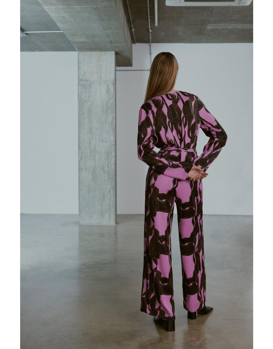 Premium Satin Abstract Swirl Print Wide Leg Relaxed Jumpsuit - 2