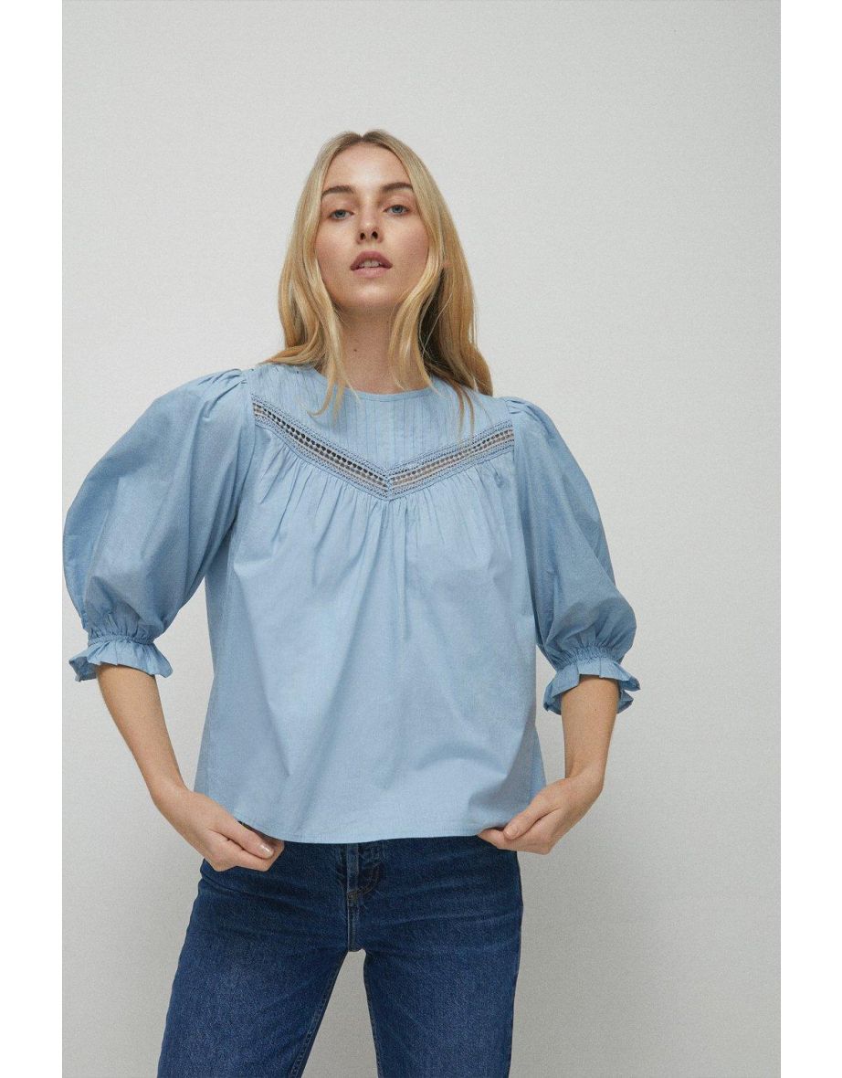 Lace Insert Yoke Detail Cotton Top