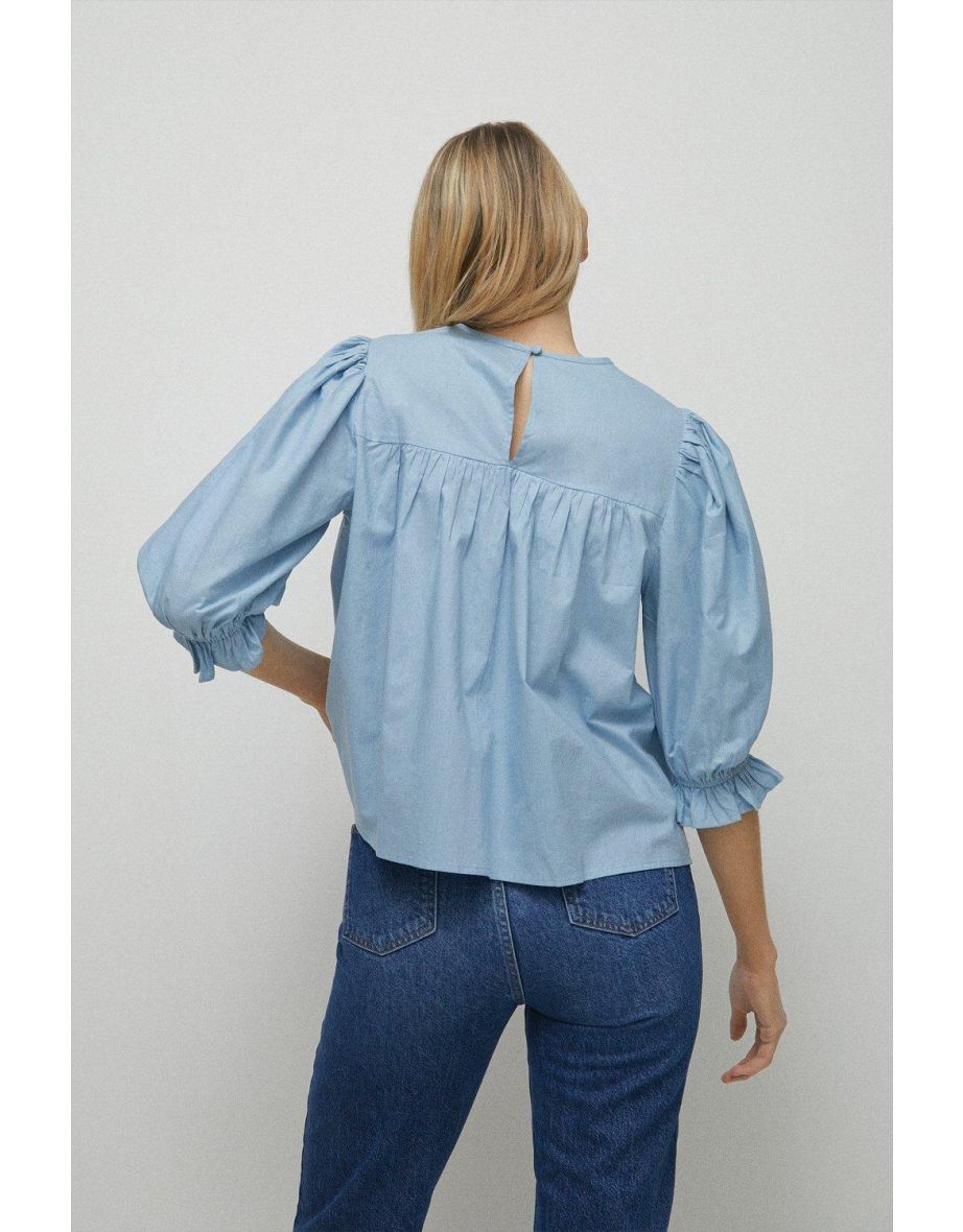 Lace Insert Yoke Detail Cotton Top - 2