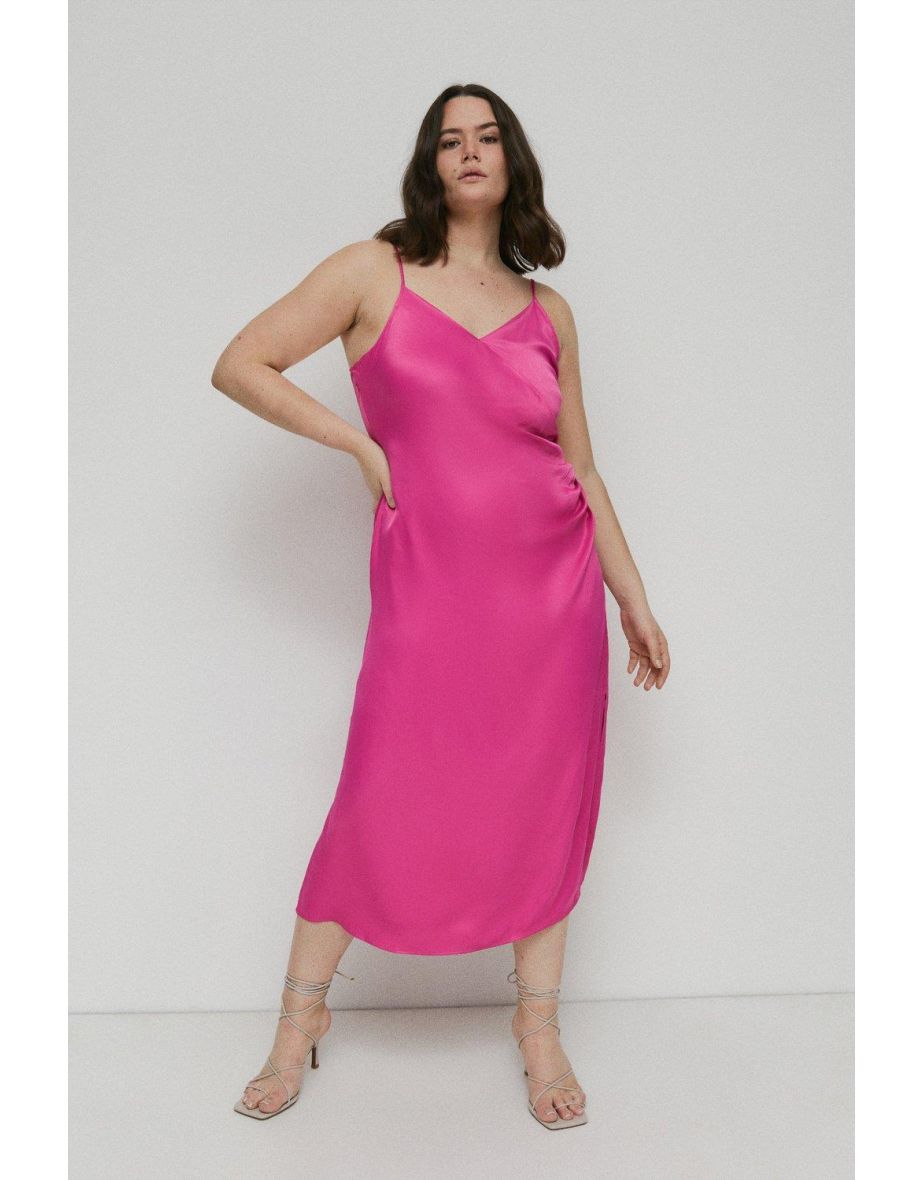 Curve Satin Wrap Ruched Slip Midi Dress