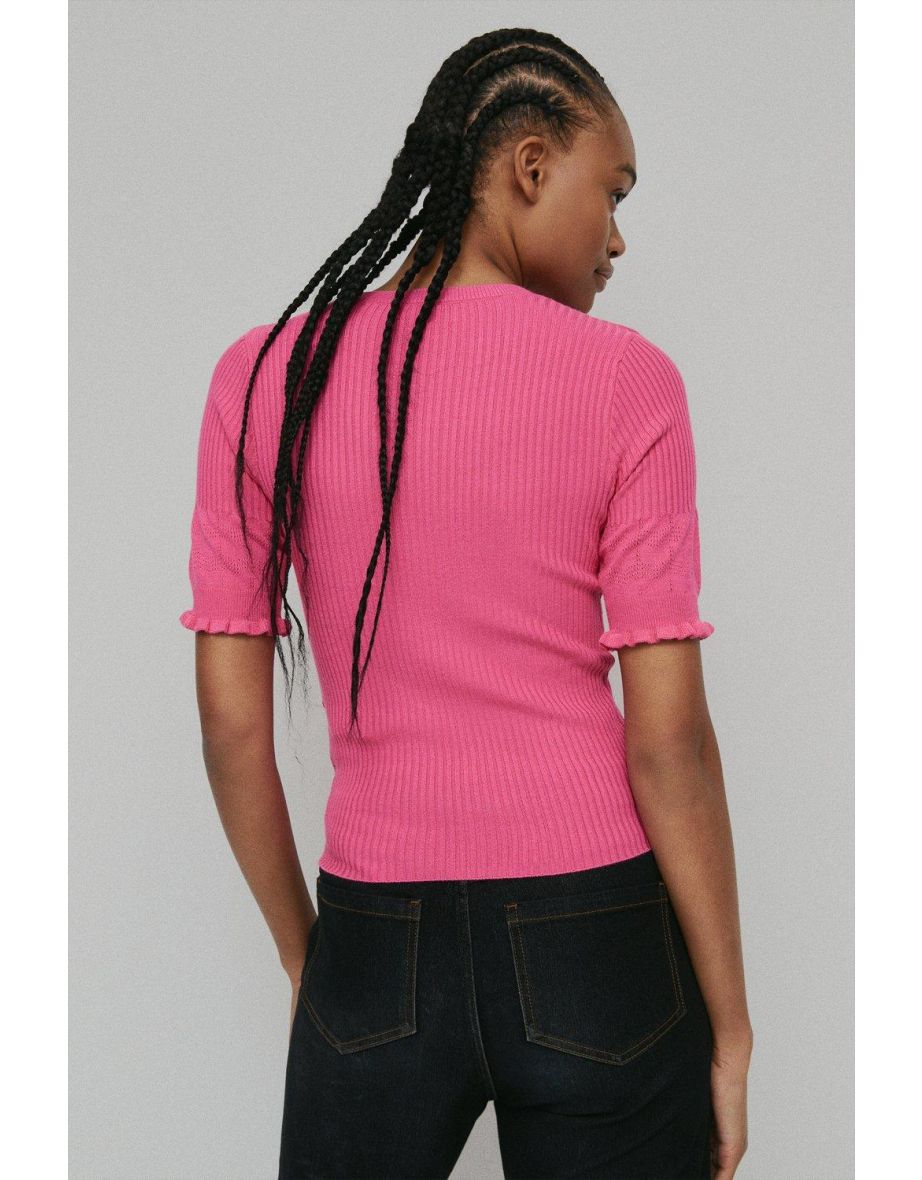 Pointelle Rib Frill Sleeve Knit Jumper - 2