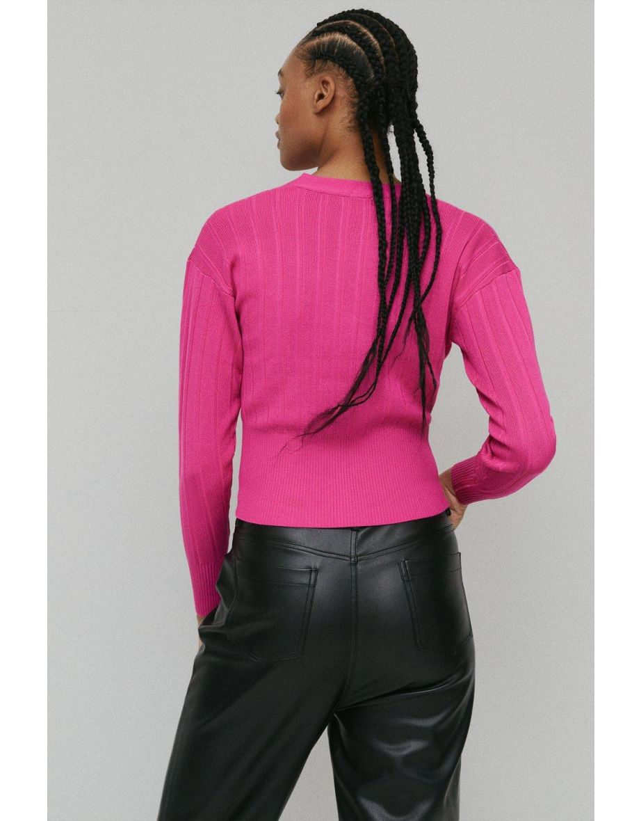 Wide Rib V Neck Knit Cardigan - 2