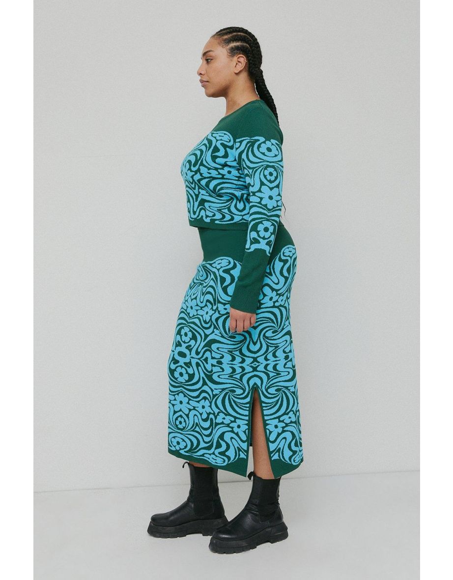 Curve Wave Floral Jacquard Knit Skirt