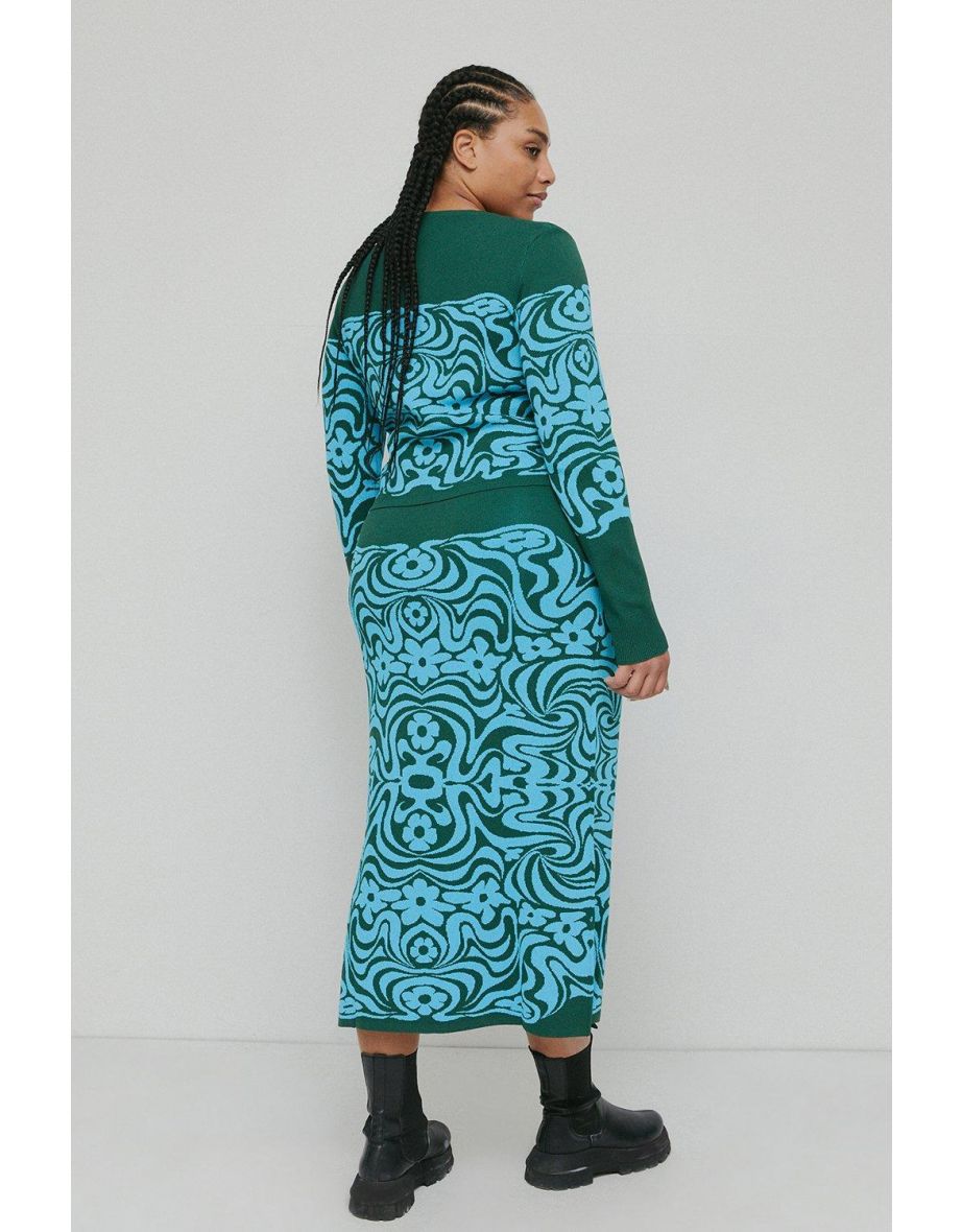Curve Wave Floral Jacquard Knit Skirt - 2