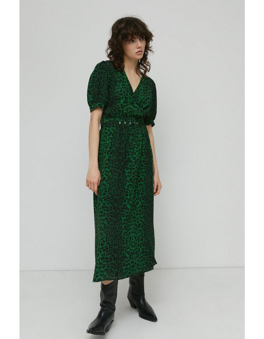 Short Sleeve Wrap Midi Dress In Animal