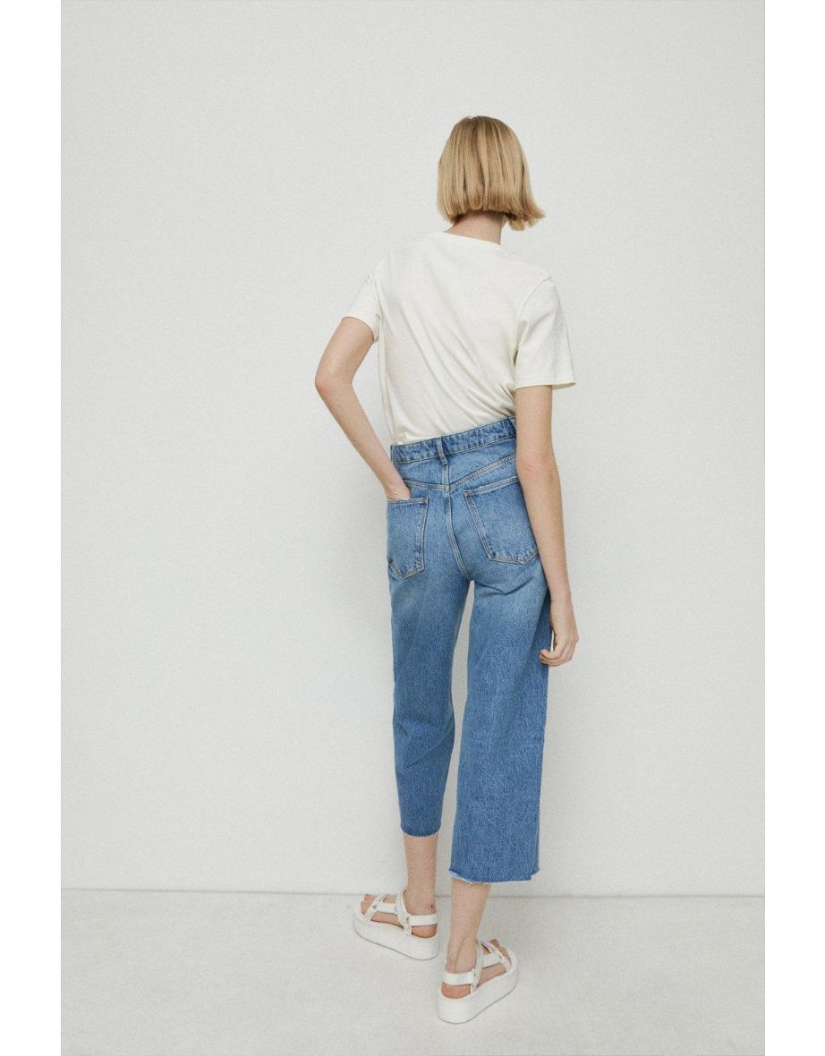 Denim Raw Hem Wide Leg Cropped Jeans - 2