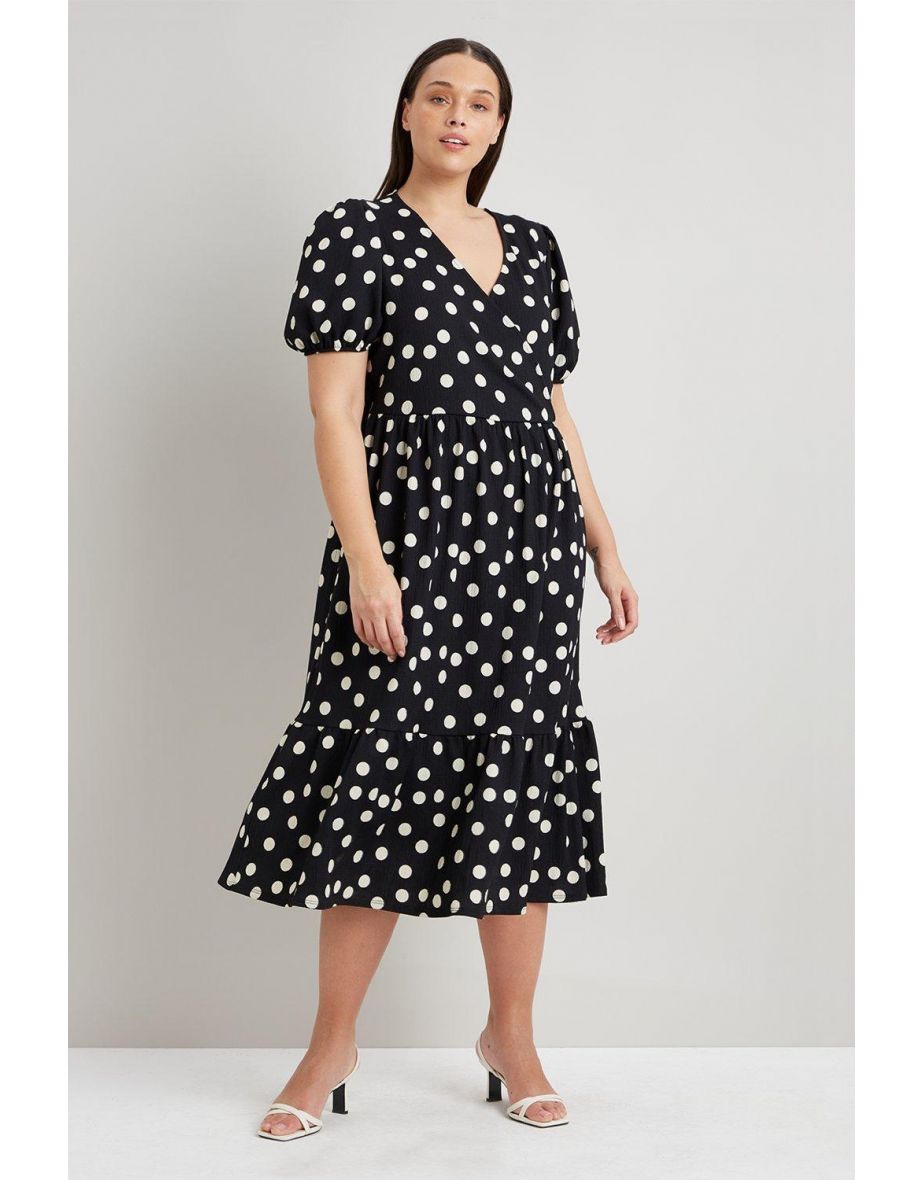 Curve Black Spot Wrap Tiered Hem Dress