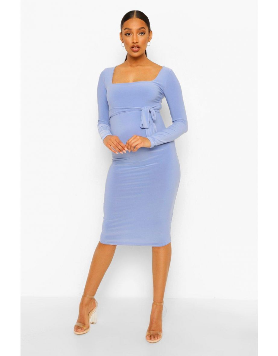 Maternity Square Neck Long Sleeve Midi Dress - blue