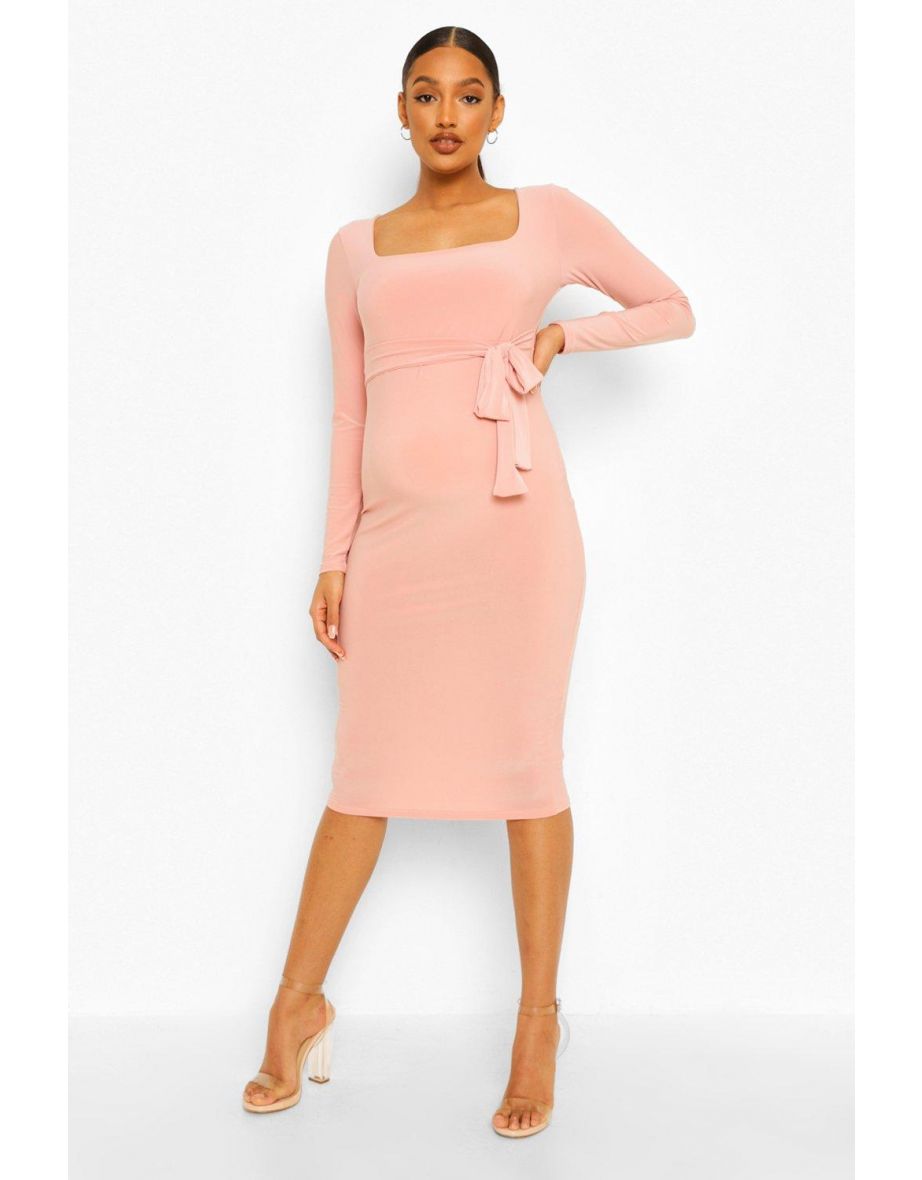 Maternity Square Neck Long Sleeve Midi Dress - dusky pink