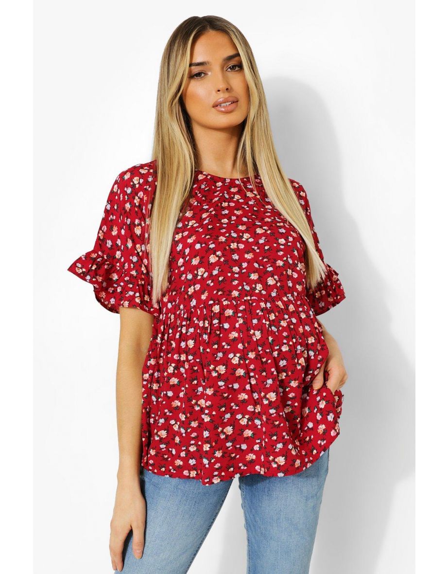 Maternity Floral Cross Back Woven Smock Top - red