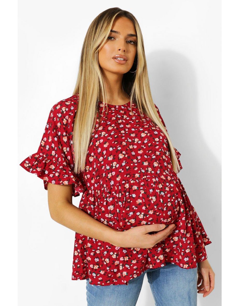 Maternity Floral Cross Back Woven Smock Top - red - 3