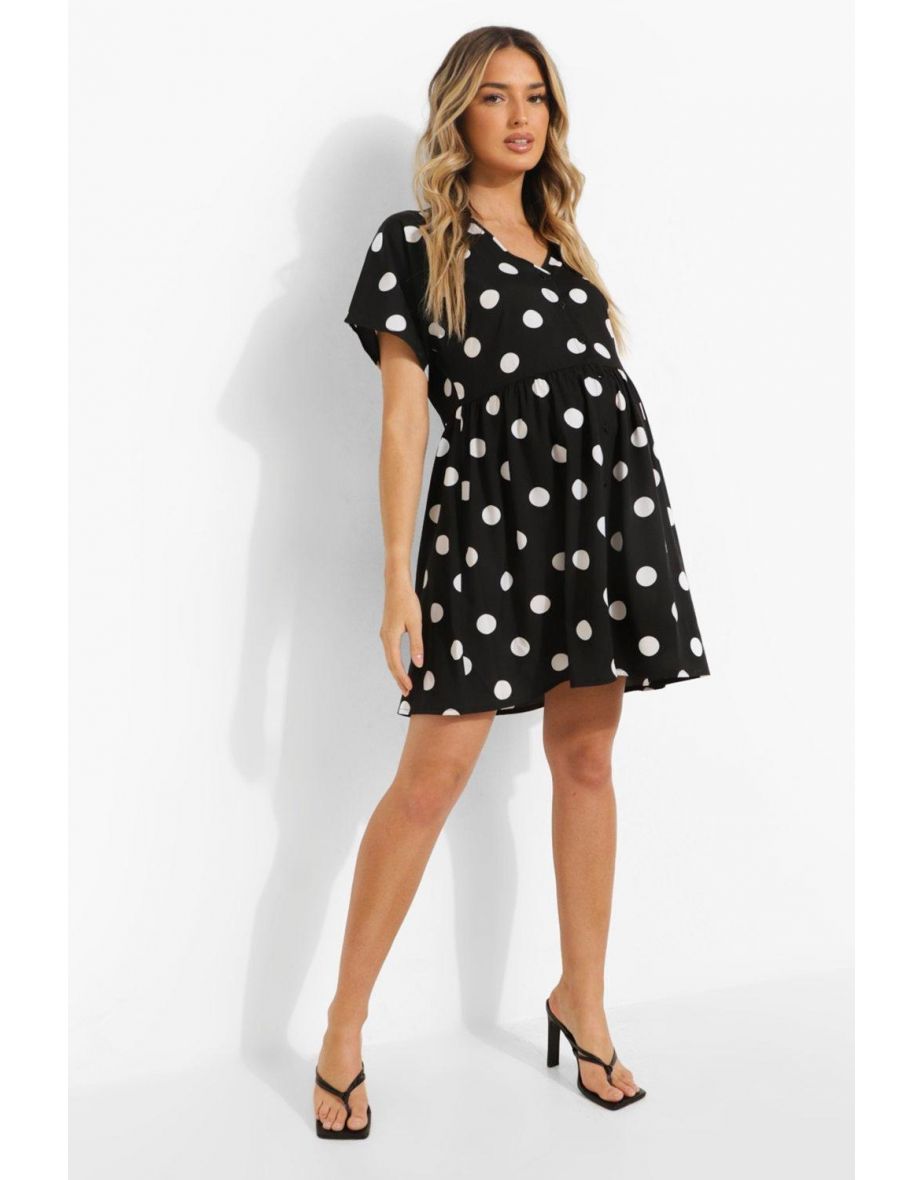 Maternity Spot Button Through Smock Dress - black