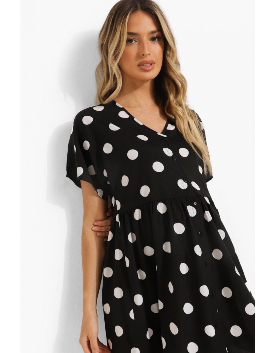 Maternity Spot Button Through Smock Dress - black - 3