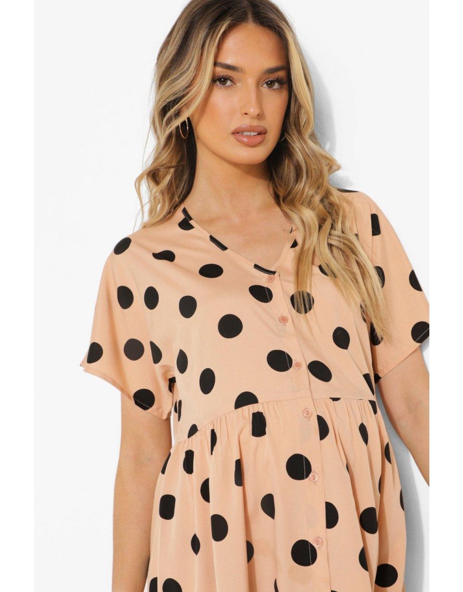 Maternity Spot Button Through Smock Dress - stone - 3