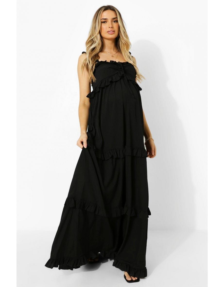 Maternity Frill Shoulder Maxi Dress - black