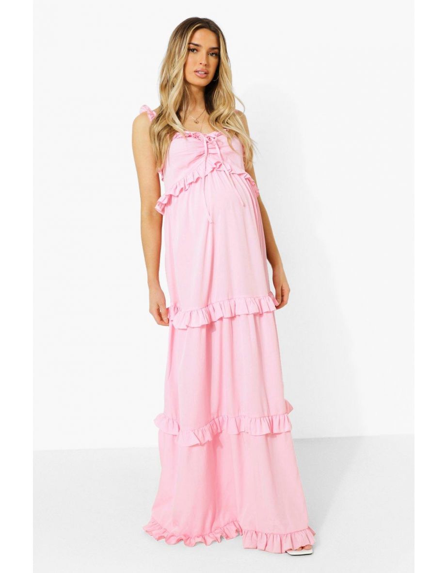 Maternity Frill Shoulder Maxi Dress - pink