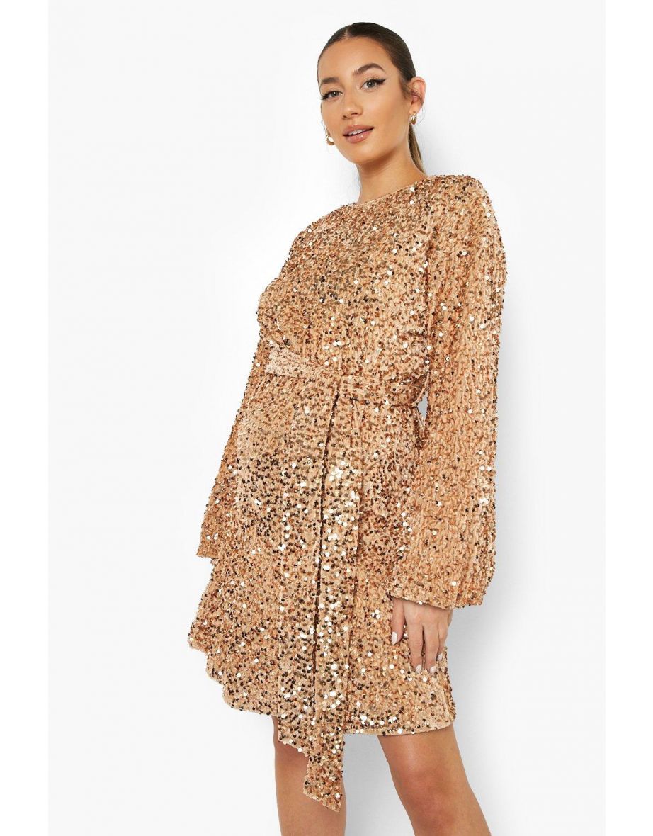 Maternity Sequin Tie Waist Shift Dress - stone