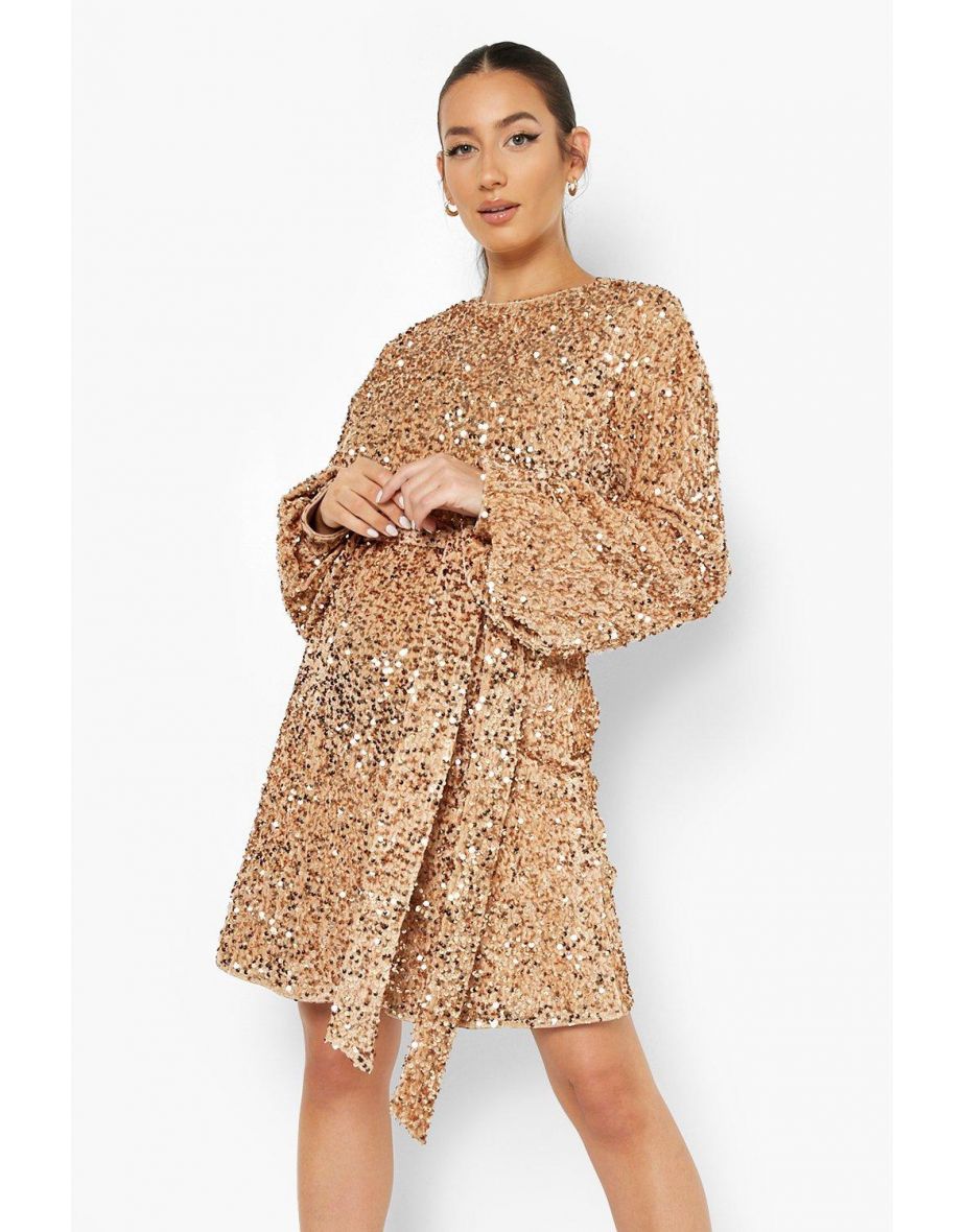 Maternity Sequin Tie Waist Shift Dress - stone - 3