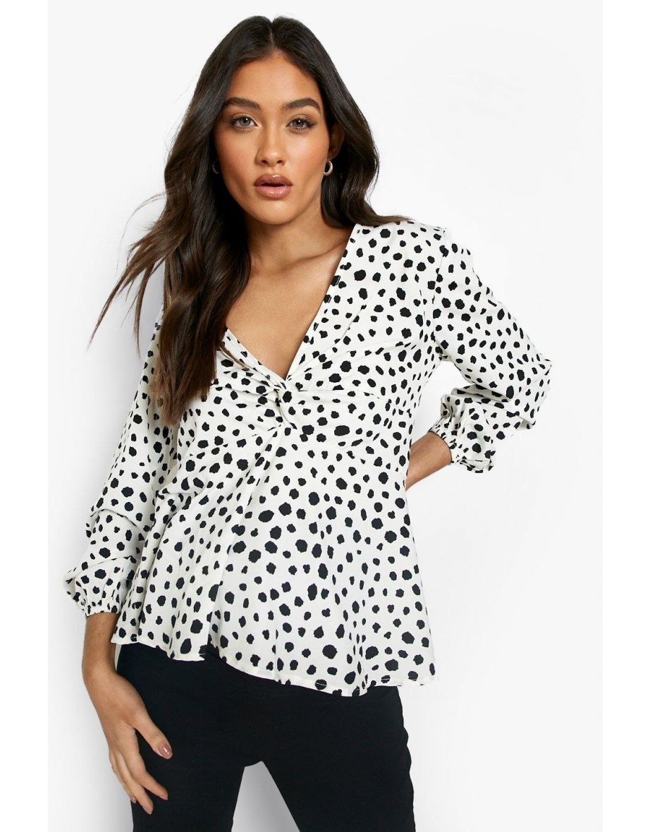 Maternity Spot Twist Front Long Sleeve Smock - white